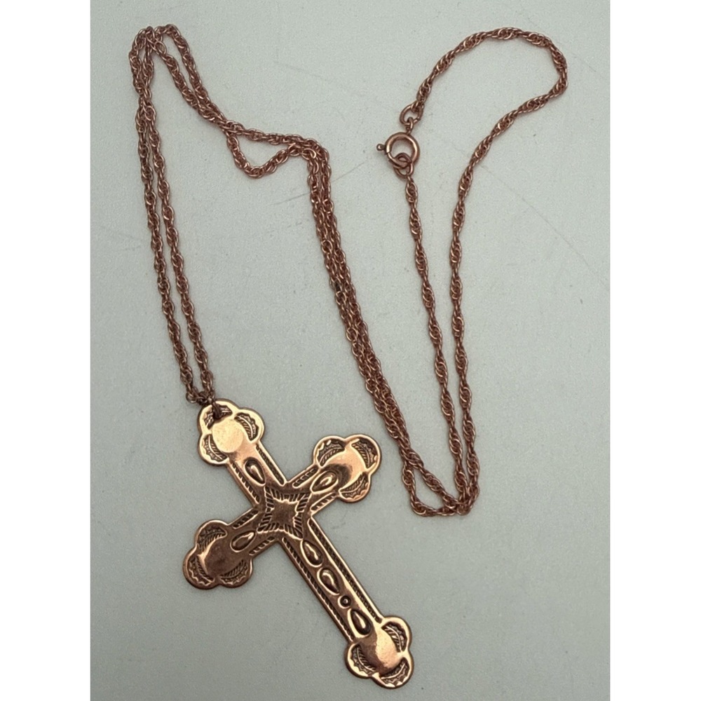 BEAUTIFUL VINTAGE BELL SOLID COPPER & TURQUOISE CROSS NECKLACE & 24" CHAIN - Picture 5 of 8